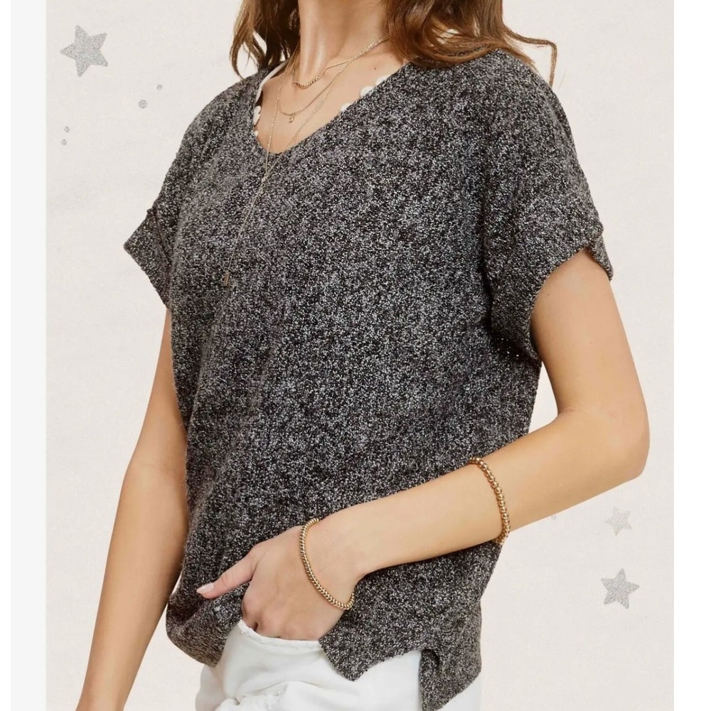 La Miel Charcoal Grey Marl Short Sleeve Knit Top Small